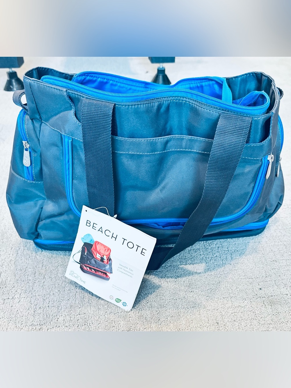 Picnic Time Beach Tote Cooler Bag Gray & Blue Multiple Compartments NWT